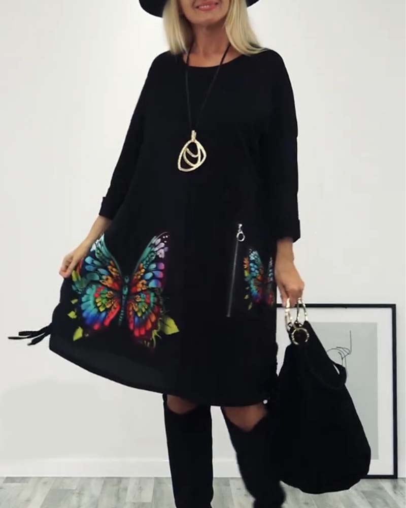Butterfly print pocket long sleeve dress