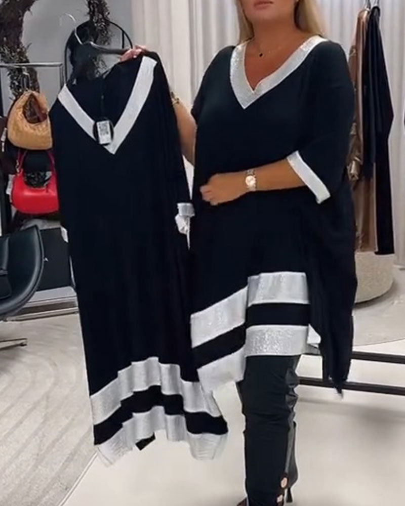 V-Neck Short Sleeve Color Block Loose Fit Dress