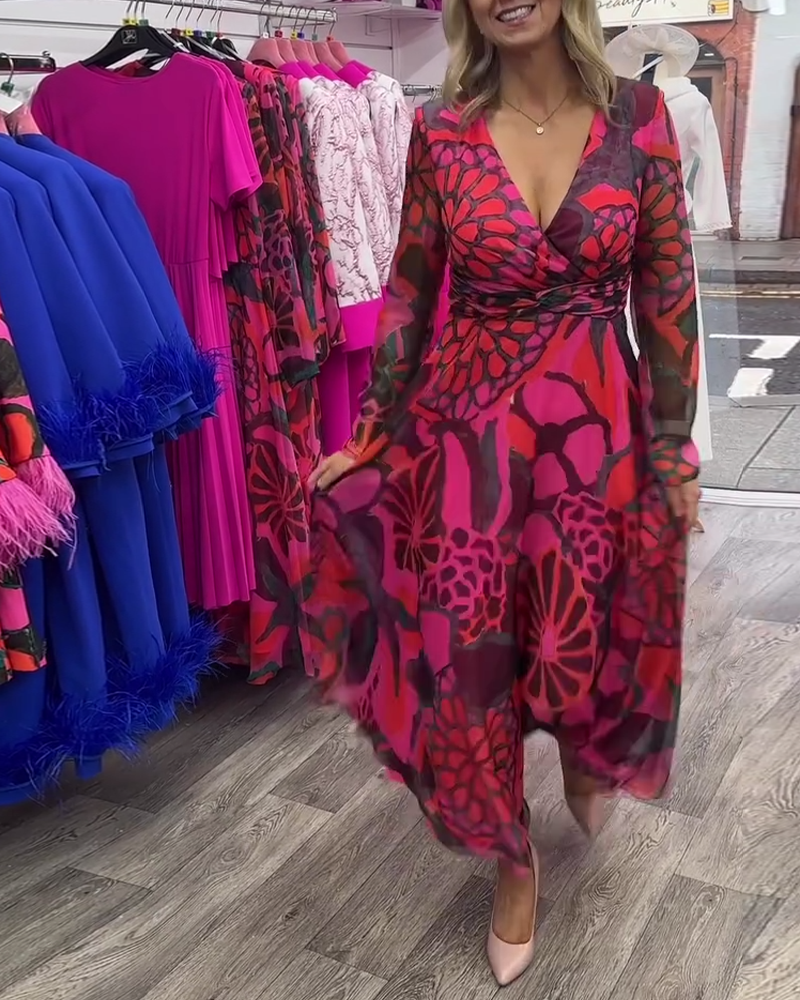 Deep V waisted wide swing dress