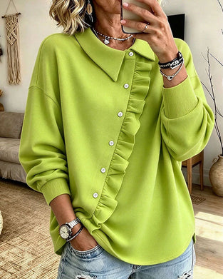 Lapel Ruffled Diagonal Button Sweatshirt