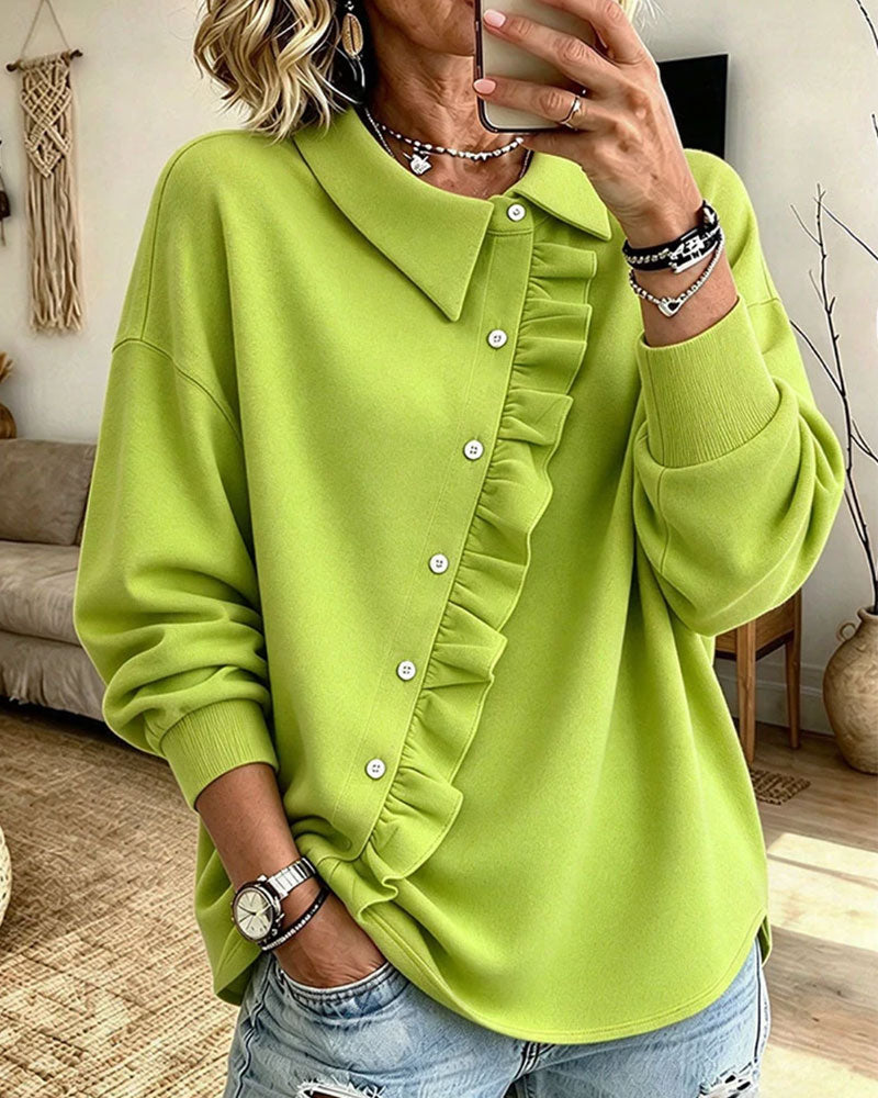 Lapel Ruffled Diagonal Button Sweatshirt