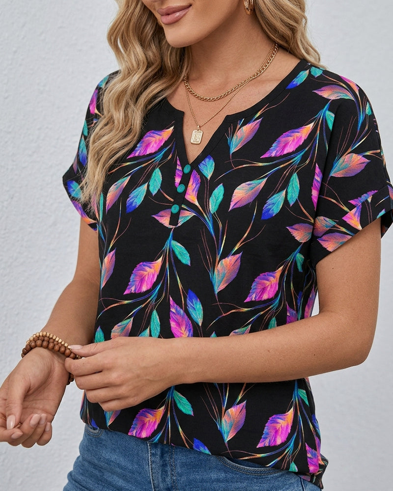 Printed Rolled Cuff V-Neck T-Shirt