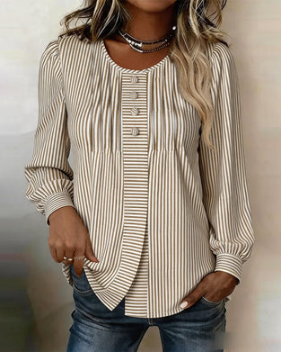 Crew Neck Button Front Stripe Puff Sleeve Blouse