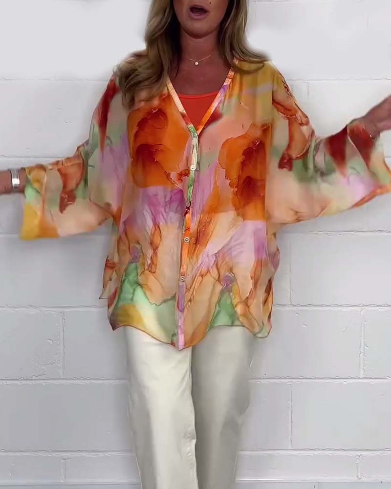 Casual printed V-neck long sleeve blouse