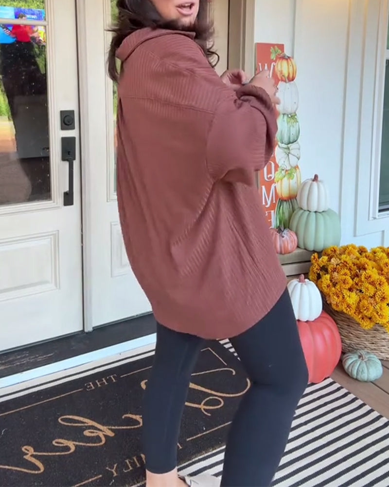 Casual Solid Color V-Neck Loose Long-Sleeved T-Shirt