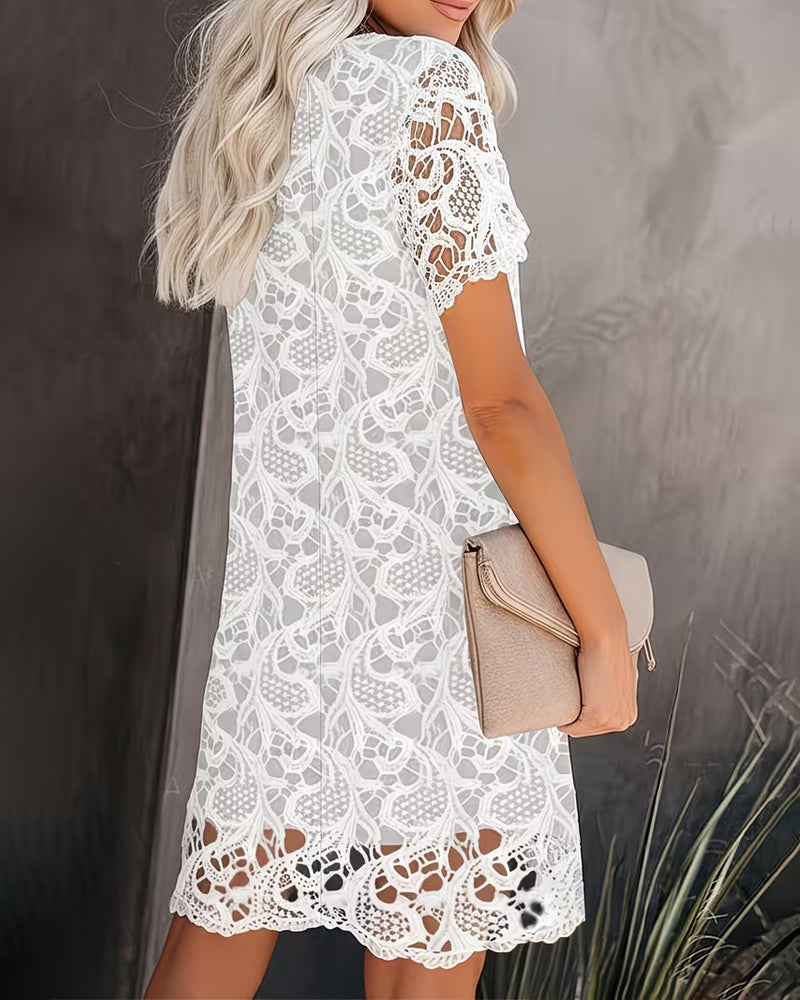 Crew Neck Lace Hollow Out Solid Color Dress