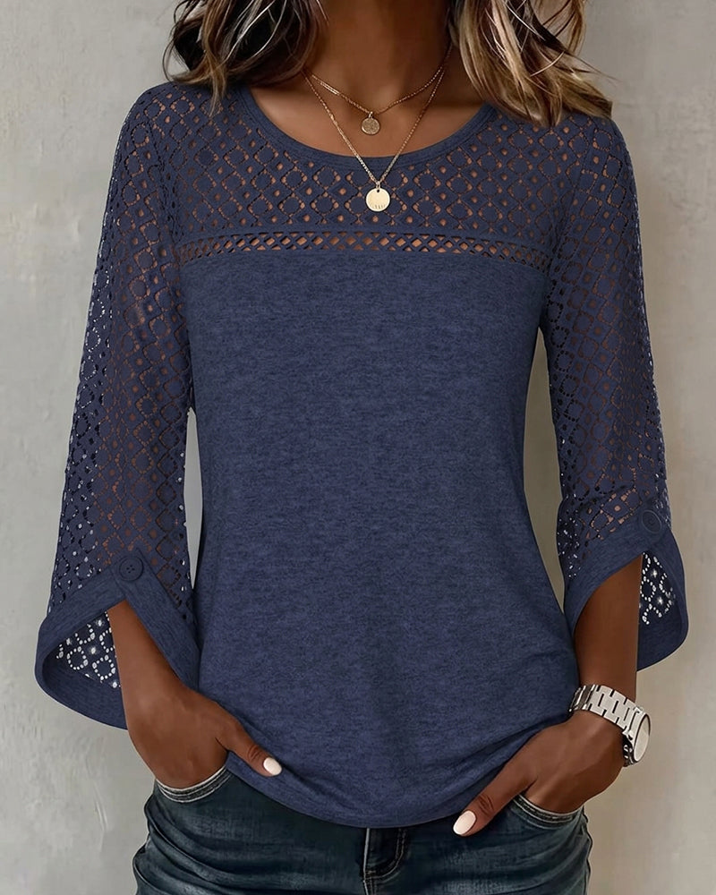 Hollow Out Long Sleeve Patchwork T-Shirt