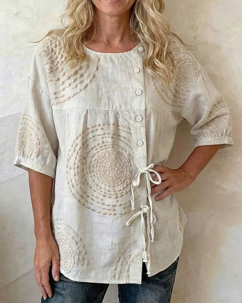 Round-Neck Loose Side-Tie Printed Blouse