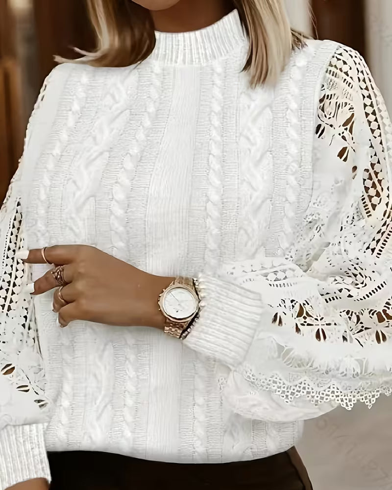 High-Neck Hollow-Out Patchwork Pullover