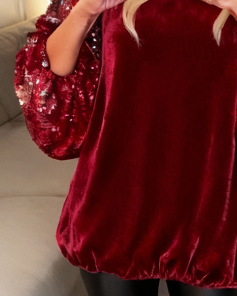 Solid Color Long-Sleeved Sequined Patchwork Top