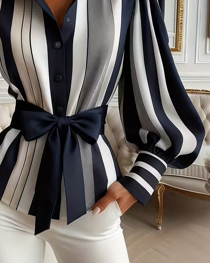 Puff-Sleeved Striped Collared Blouse