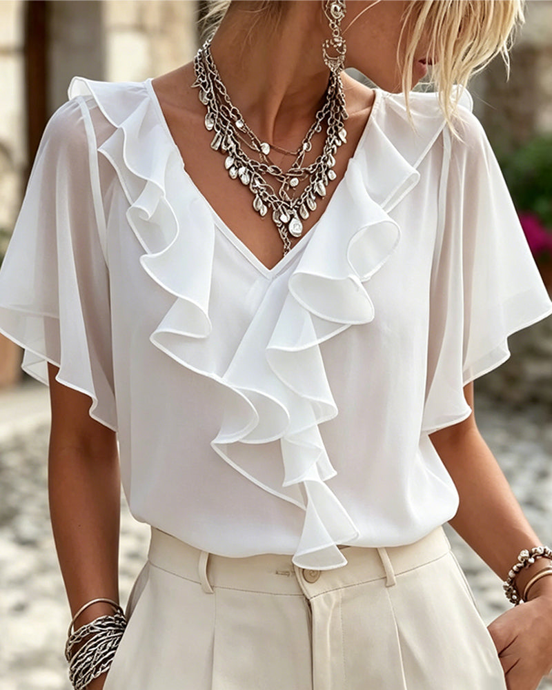 V-Neck Ruffle Solid Color Blouse