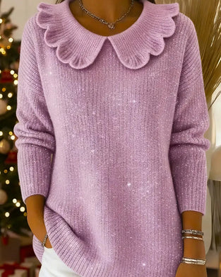 Lapel Ribbed Shimmer Fitted Pullover
