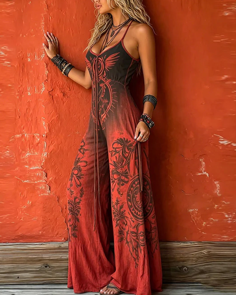 Spaghetti Strap Gradient Totem Wide Leg Jumpsuit