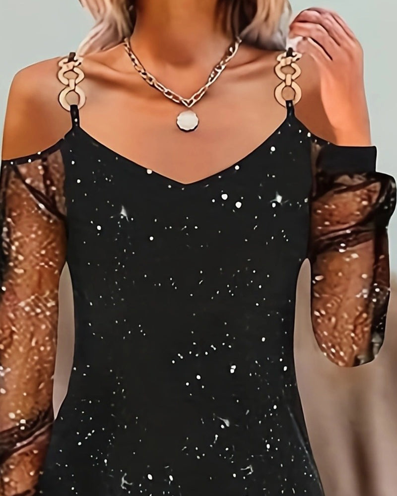 Suspender Splicing Mesh Long Sleeve Dress