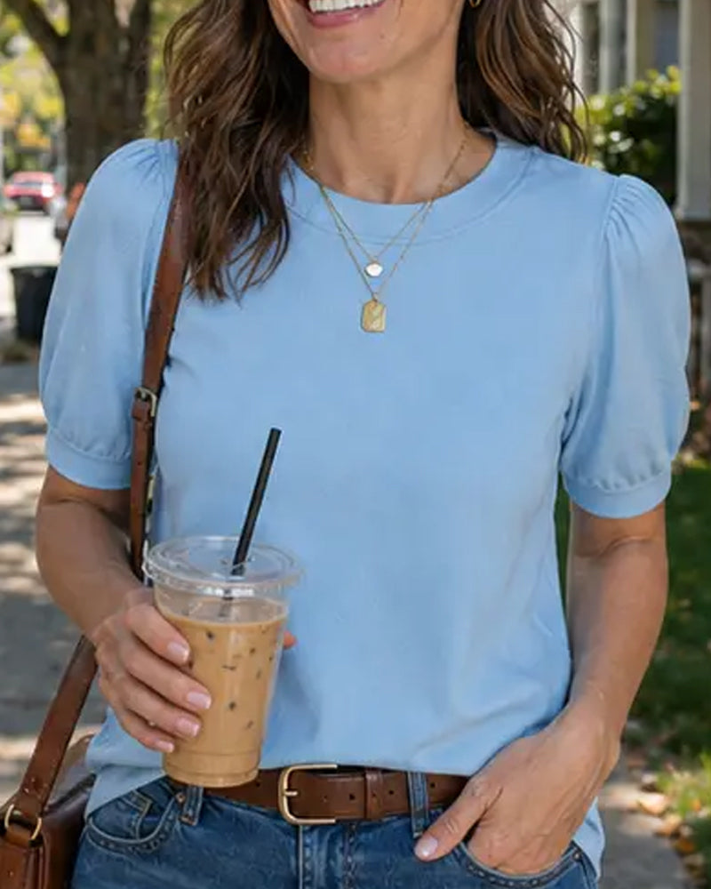 Puff Sleeve Knitted Short-Sleeve Pullover