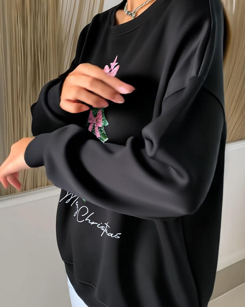 Crew Neck Christmas Long Sleeve Print Sweatshirt
