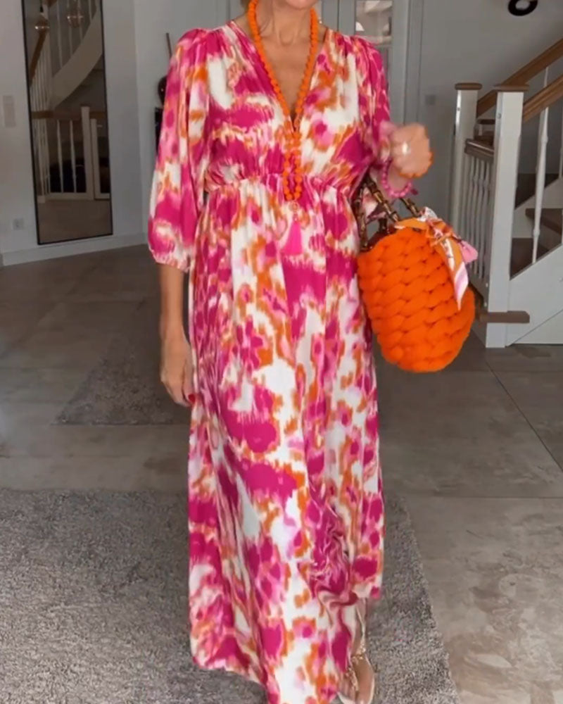 Fashion print v neck 3/4 sleeve dress