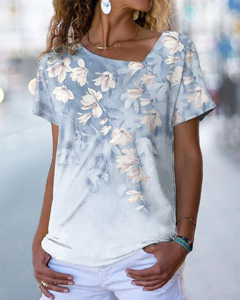 V-neck T shirt with Floral Print
