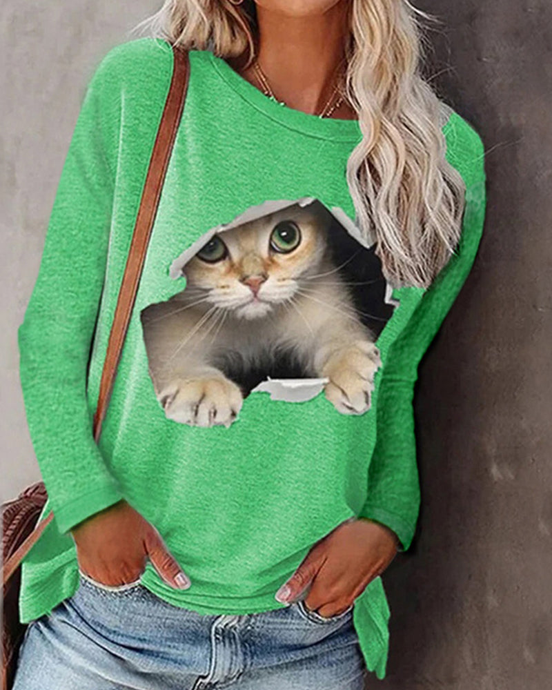 Cat print long sleeve top