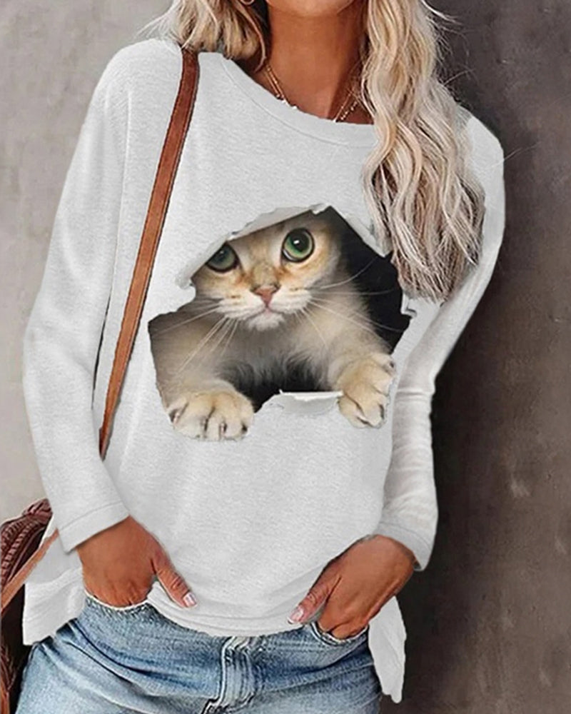 Cat print long sleeve top