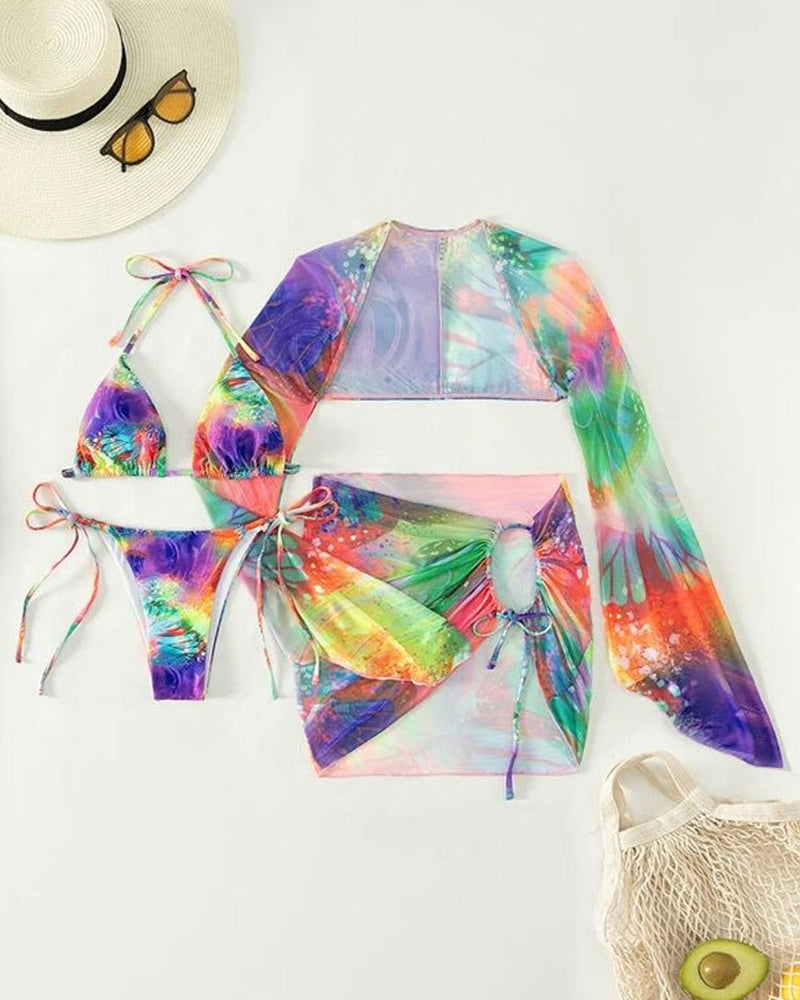 Three-piece multicolor tie-dye bikini set