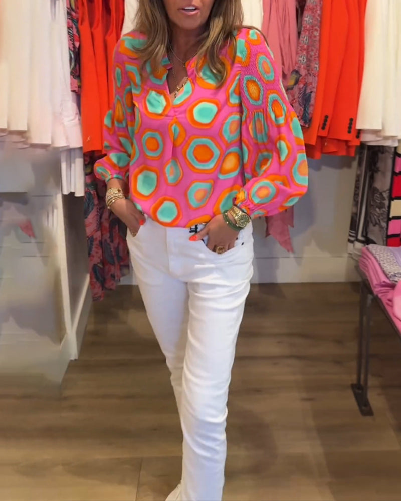 Geometric print long sleeve casual blouse