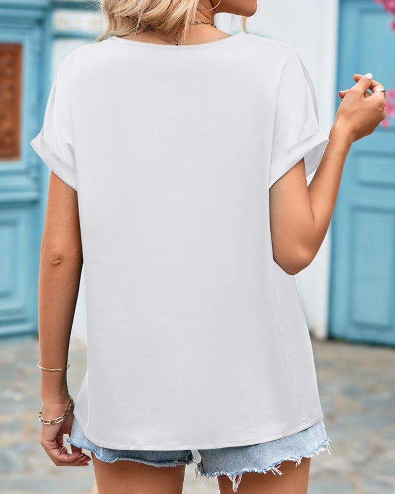 Solid color lace v-neck short-sleeved blouse