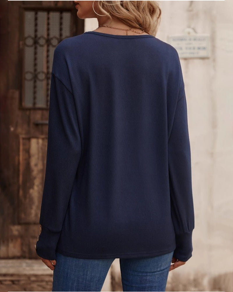 Solid color v neck button long sleeve top