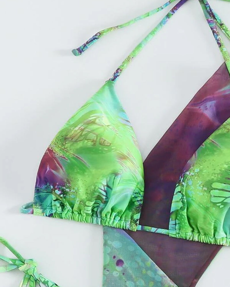Three-piece multicolor tie-dye bikini set
