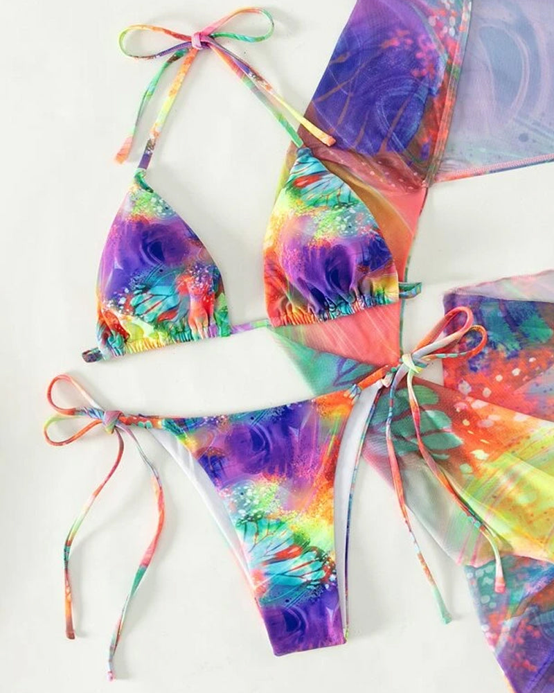 Three-piece multicolor tie-dye bikini set