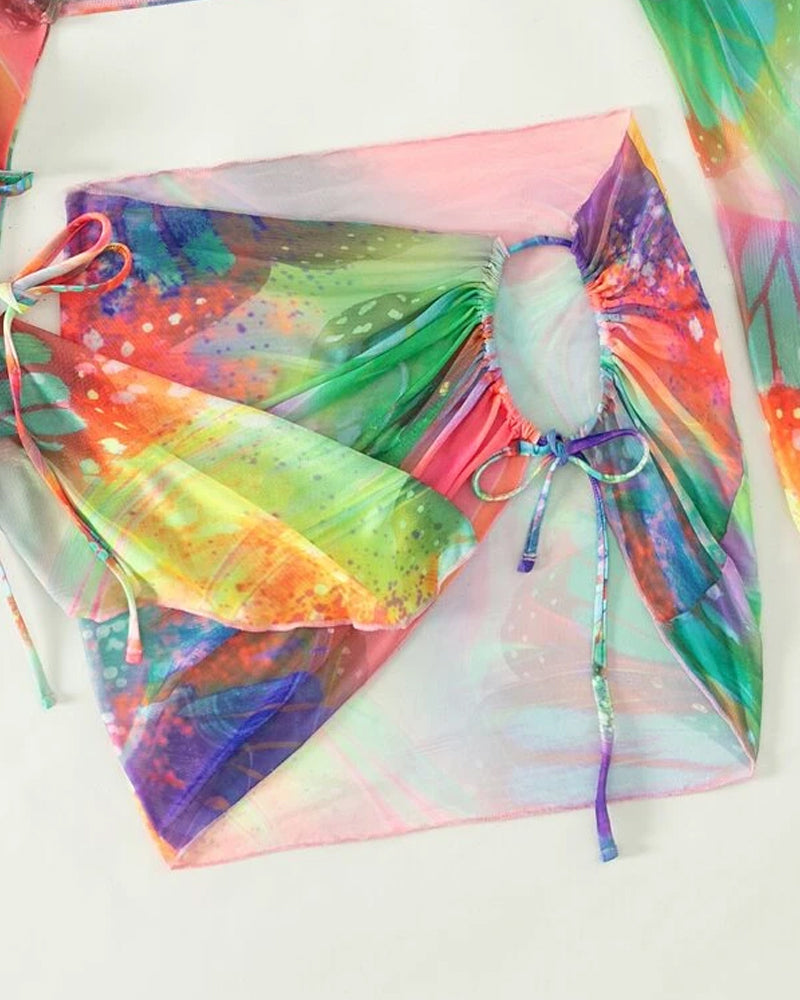 Three-piece multicolor tie-dye bikini set