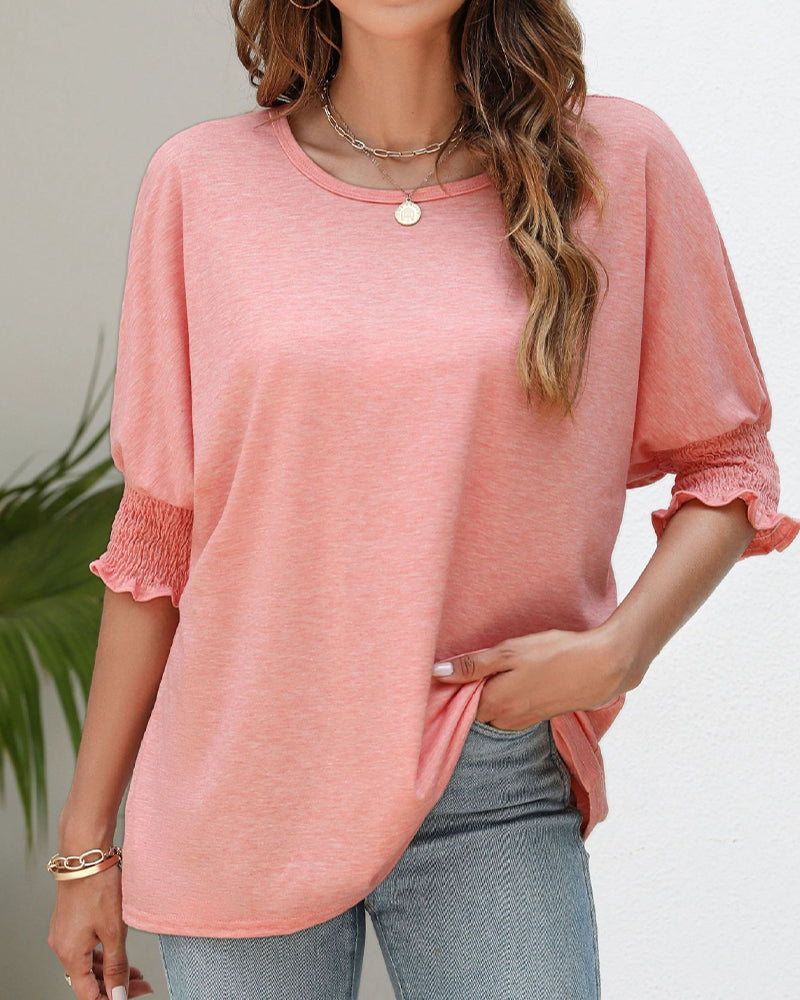 Round neck pleat half-sleeve top