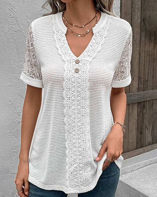 Solid color v-neck lace T-shirt