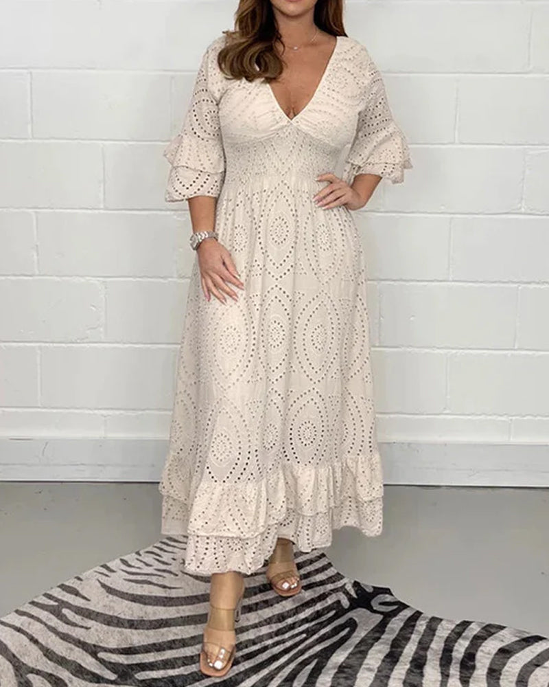 Loose solid color v neck high waist dress