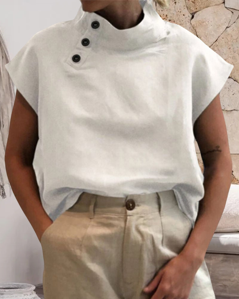 Cotton & Linen Button stand collar top