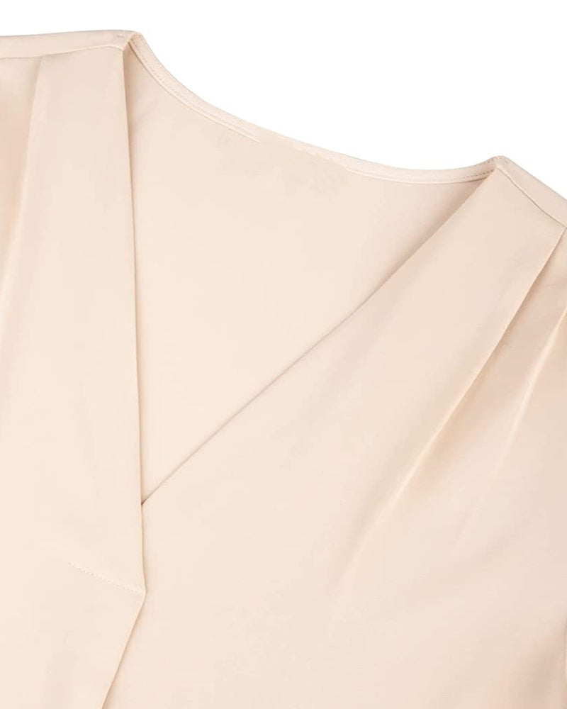 V-neck solid color pleated short-sleeved shirt