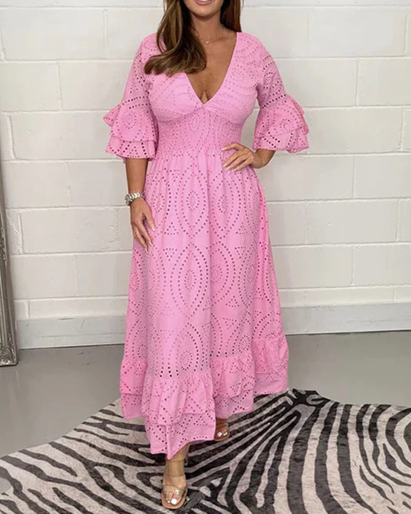 Loose solid color v neck high waist dress