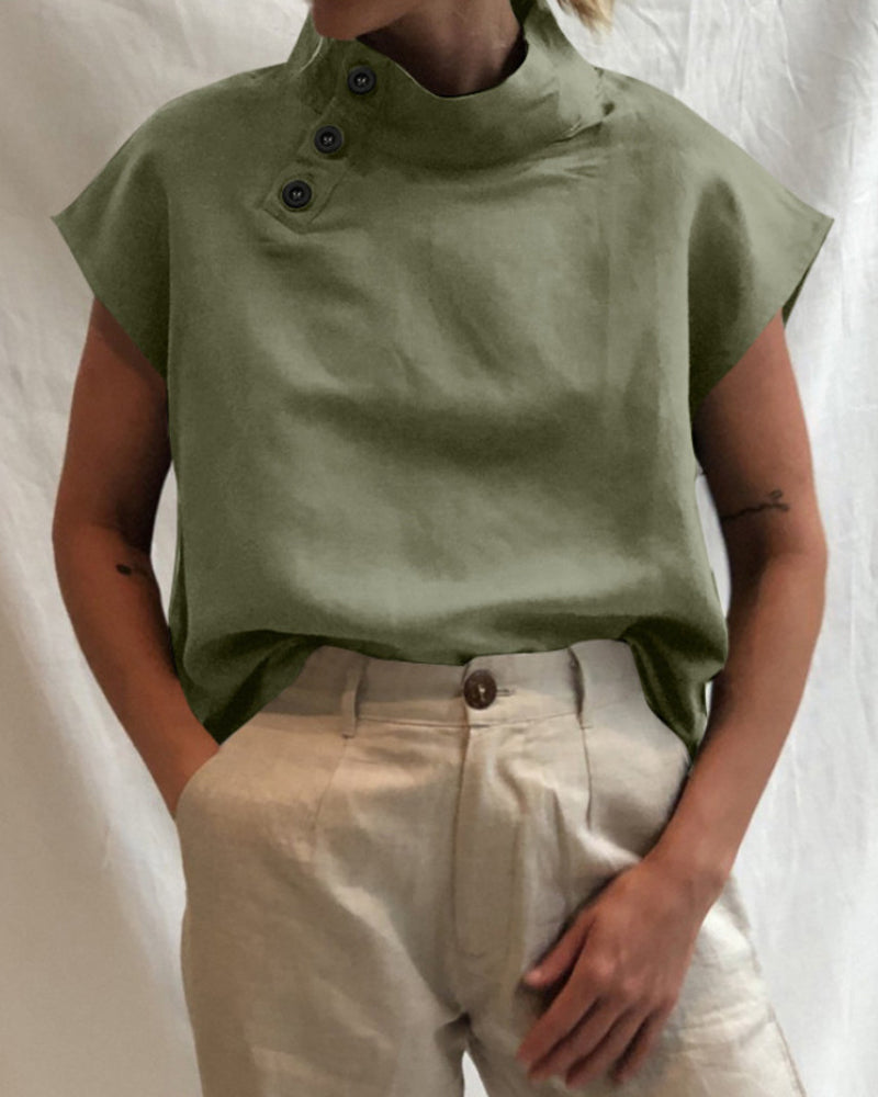 Cotton & Linen Button stand collar top