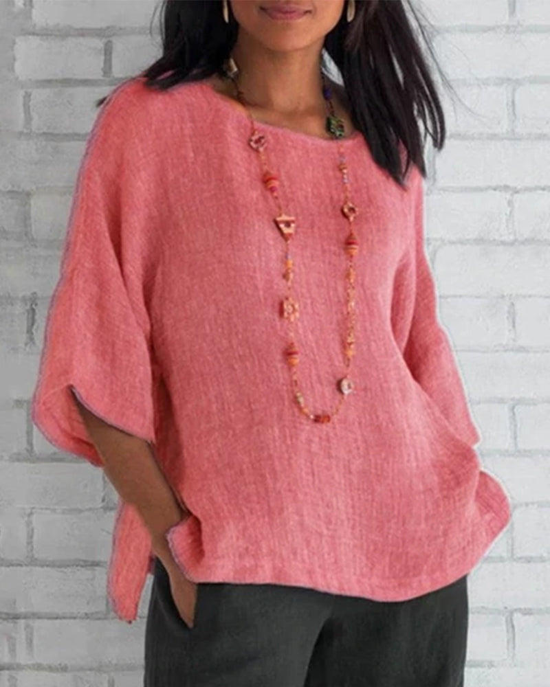 Solid color 3/4 sleeve round neck top