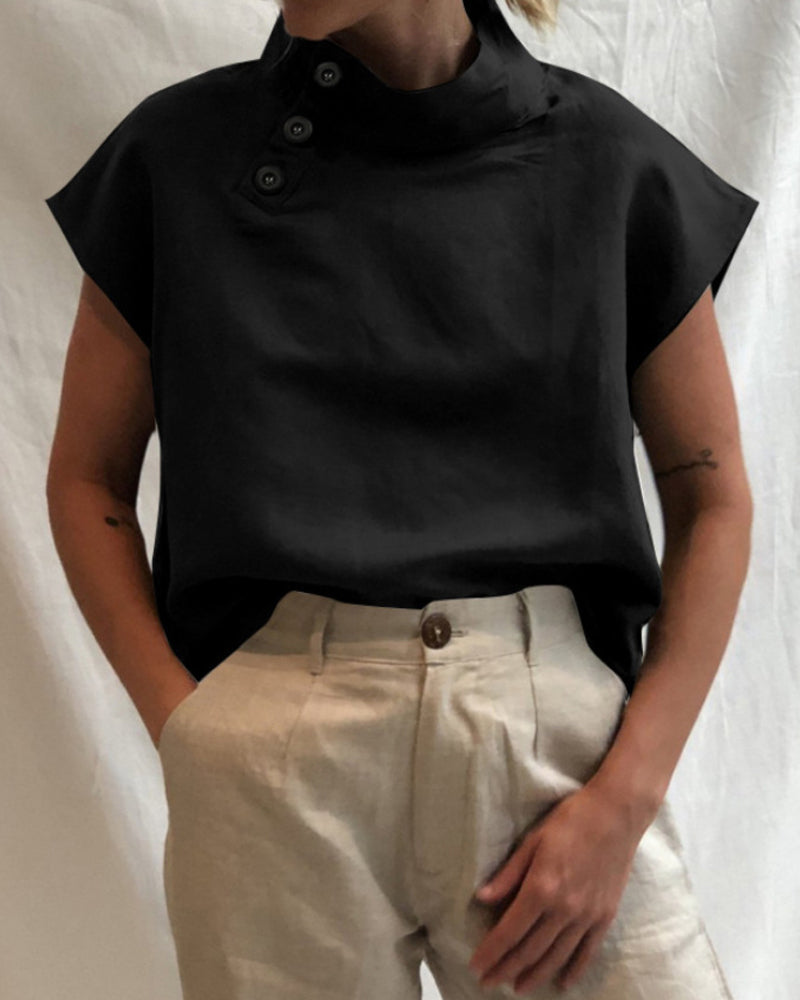 Cotton & Linen Button stand collar top