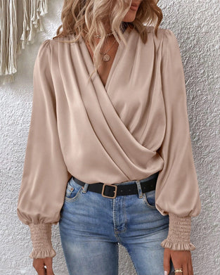 V-neck balloon sleeve elegant solid color blouse
