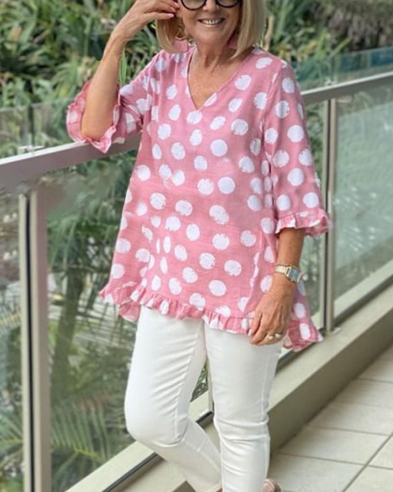 V Neck Polka Dot Print Tops