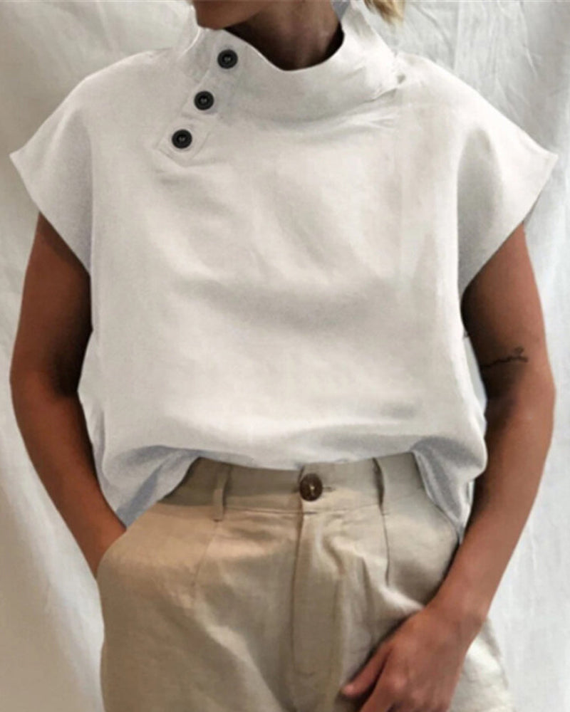 Cotton & Linen Button stand collar top