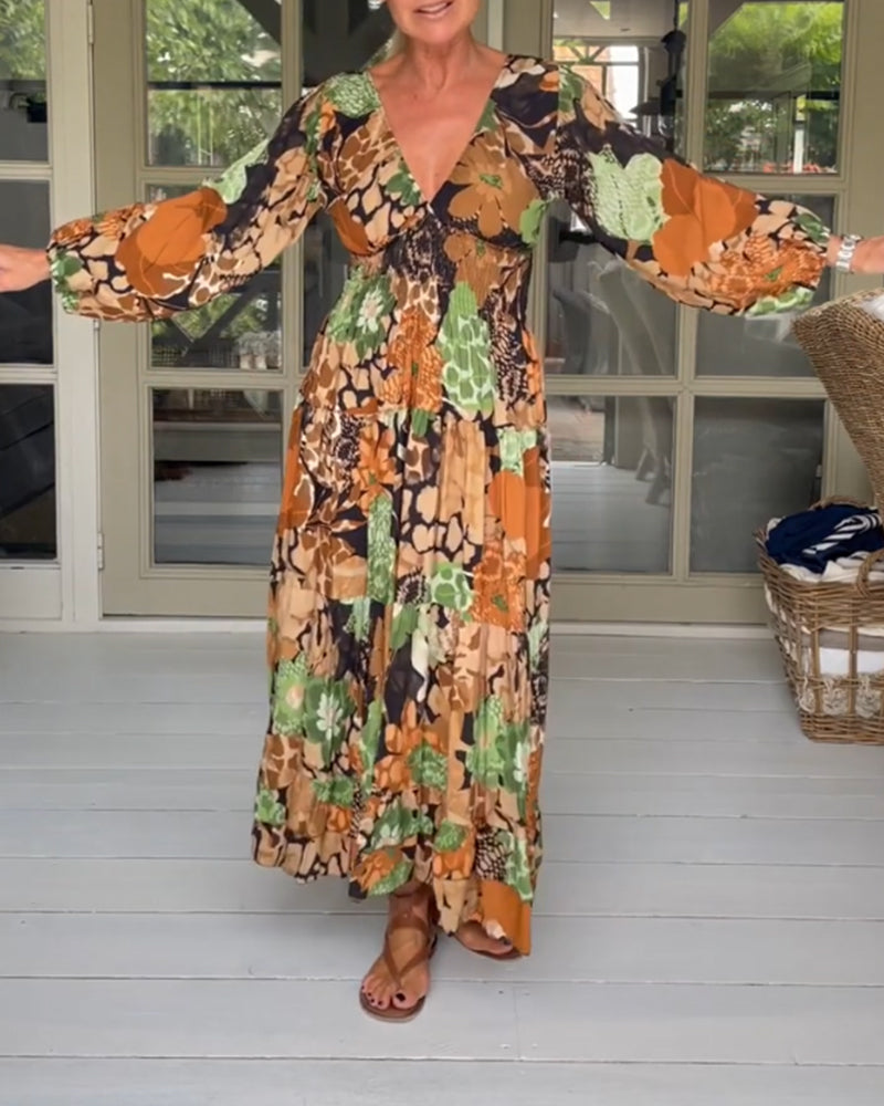 V neck long sleeve print dress