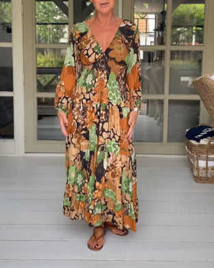 V neck long sleeve print dress