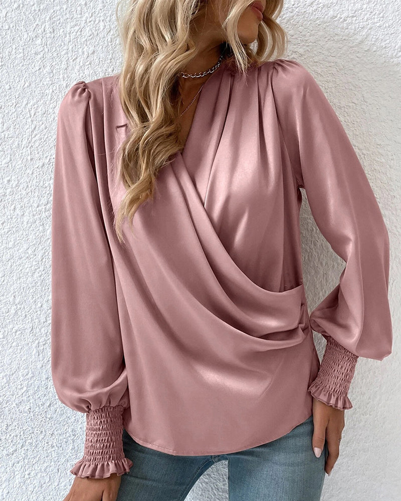 V-neck balloon sleeve elegant solid color blouse