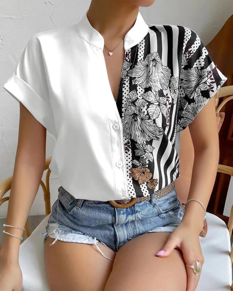 Paneled floral print button short sleeve blouse