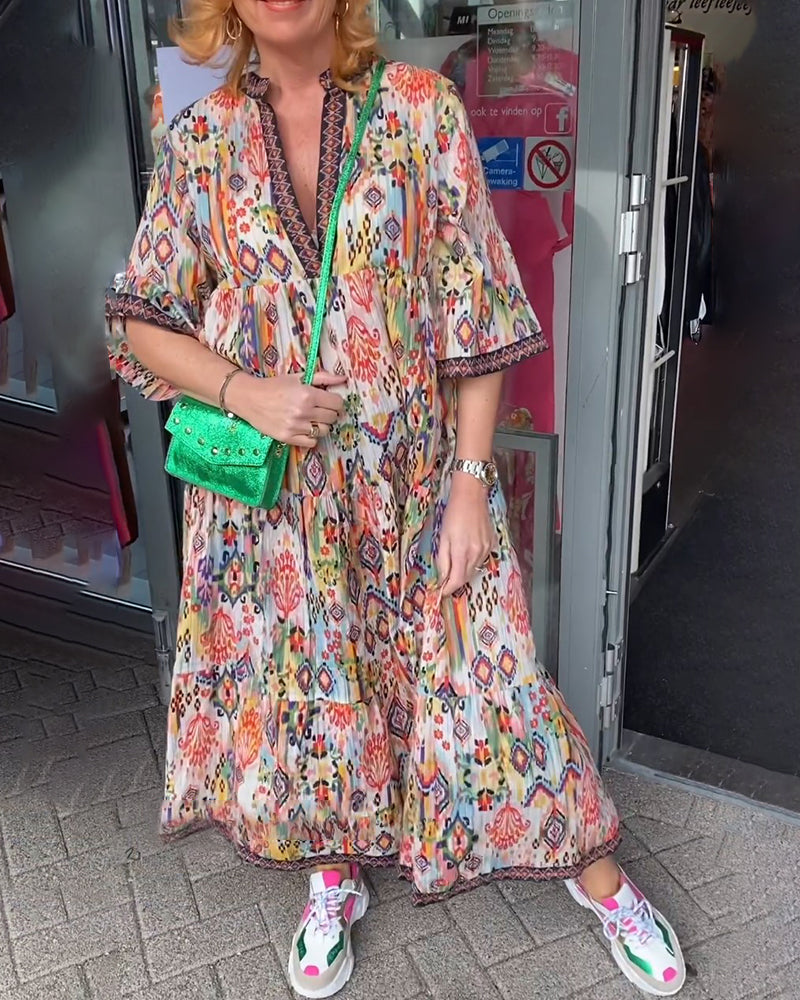 V-neck printed elegant long dress