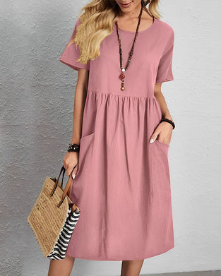 Round neck pleated short sleeve dress